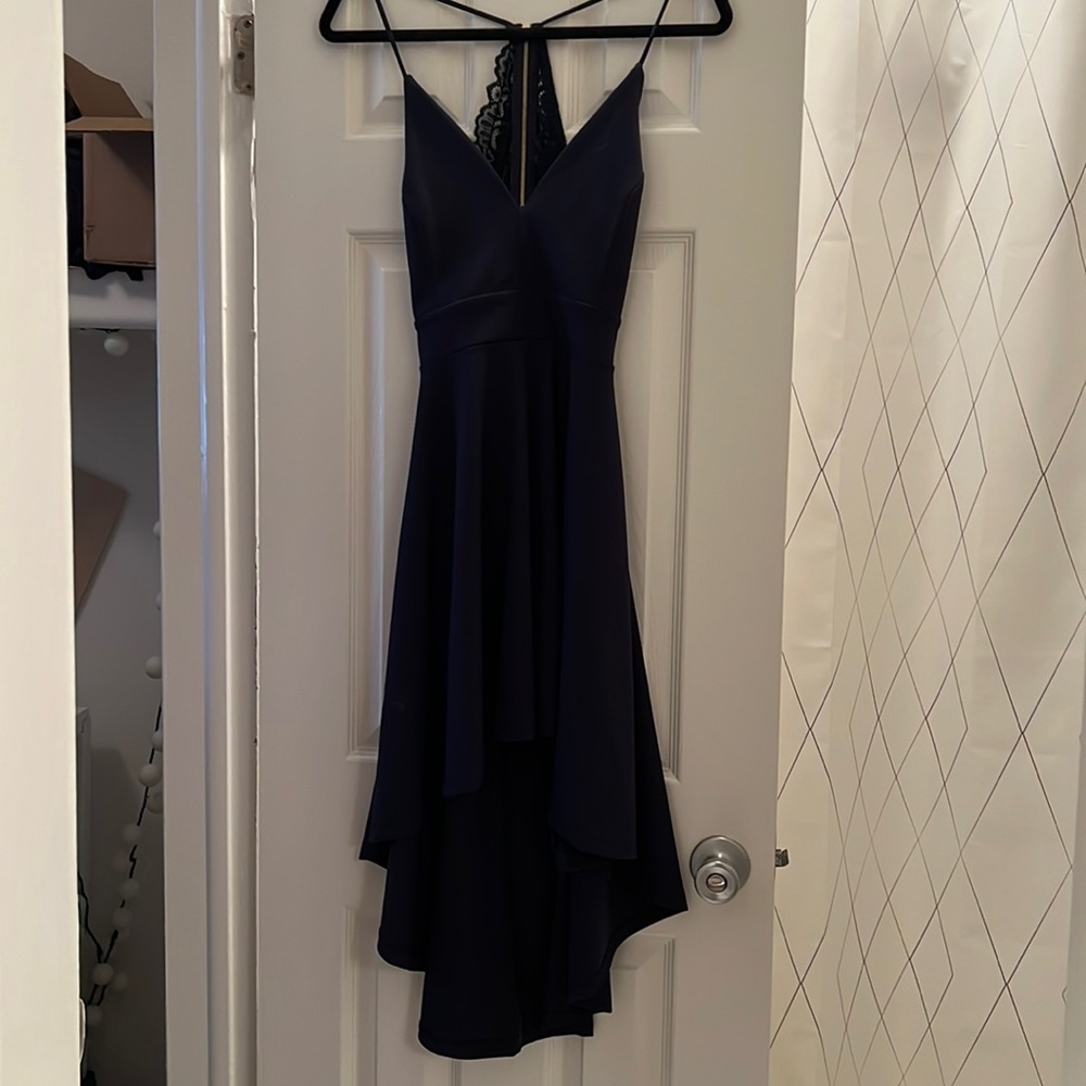 Windsor Navy Blue High-Low Lace Back Cutout Dress